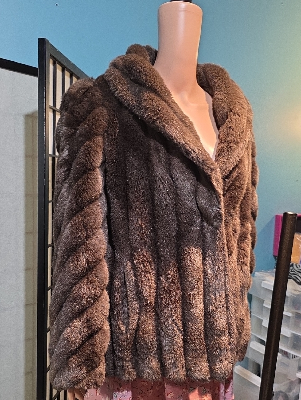 Plush Brown Faux Fur Jacket with Shawl Collar